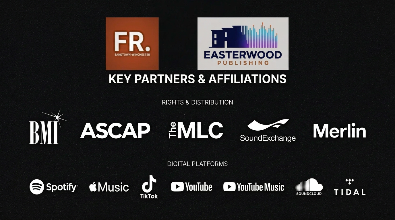 Partners and affiliations: Fr. Sandtown-Winchester, Easterwood Publishing, BMI, ASCAP, The MLC, SoundExchange, Merlin, Spotify, Apple Music, TikTok, YouTube, YouTube Music, SoundCloud and TIDAL